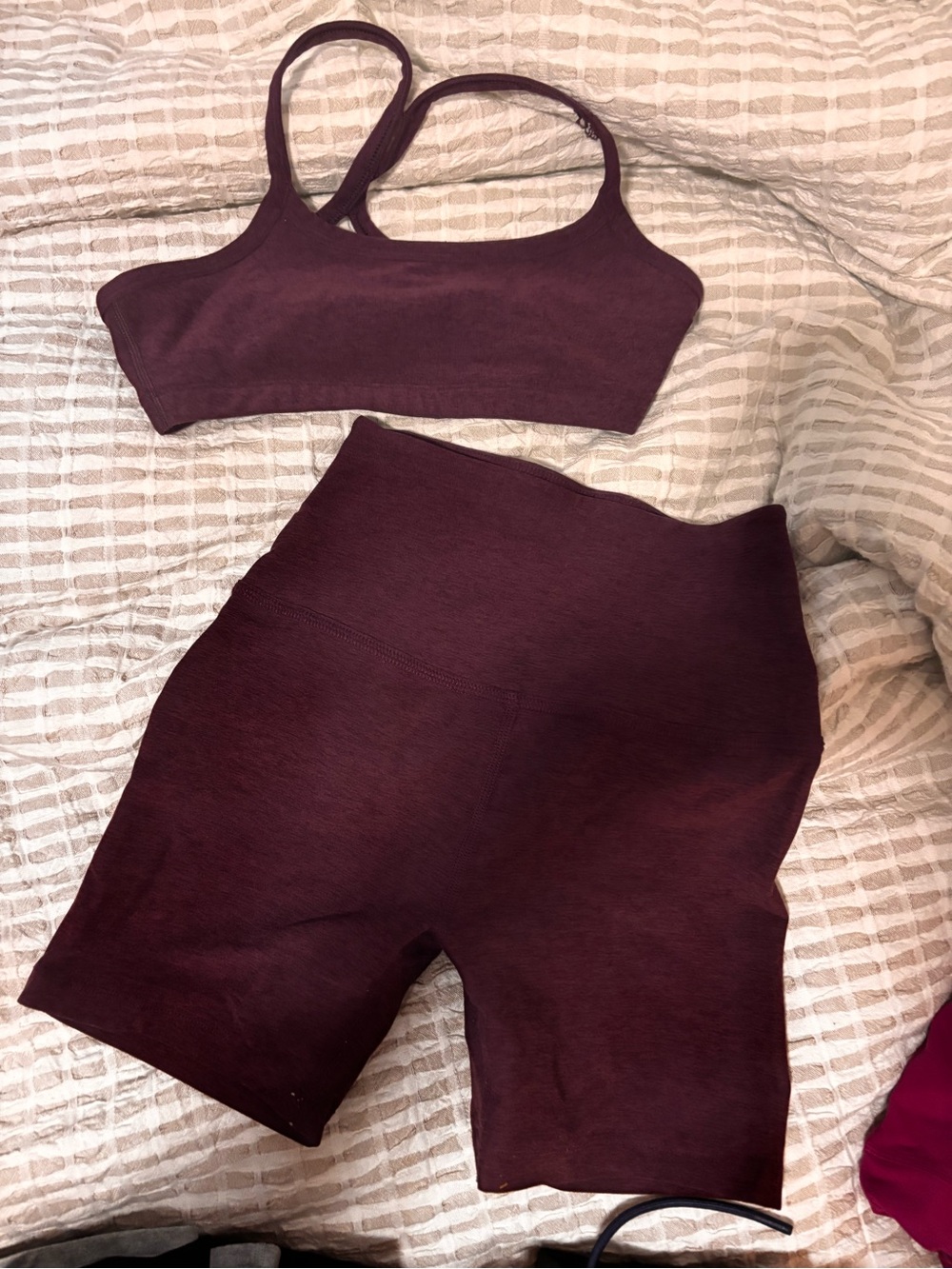 Beyond Yoga Women's Bike Shorts and Sports Bra Set in Burgundy - Picture 1 of 2